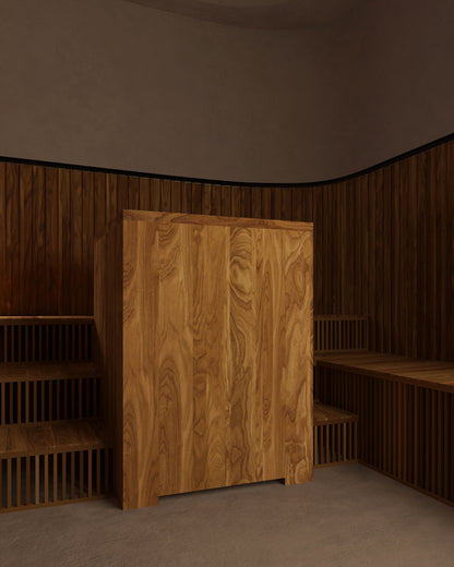 Wooden panel in a room with wooden walls and floor