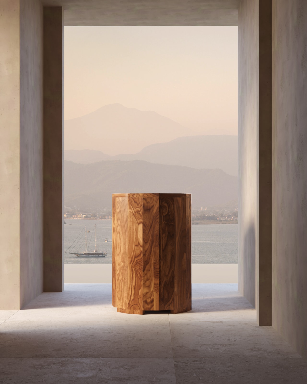 A handcrafted teak ice bath, elegantly positioned with a serene waterfront view, embodying the essence of cold therapy.