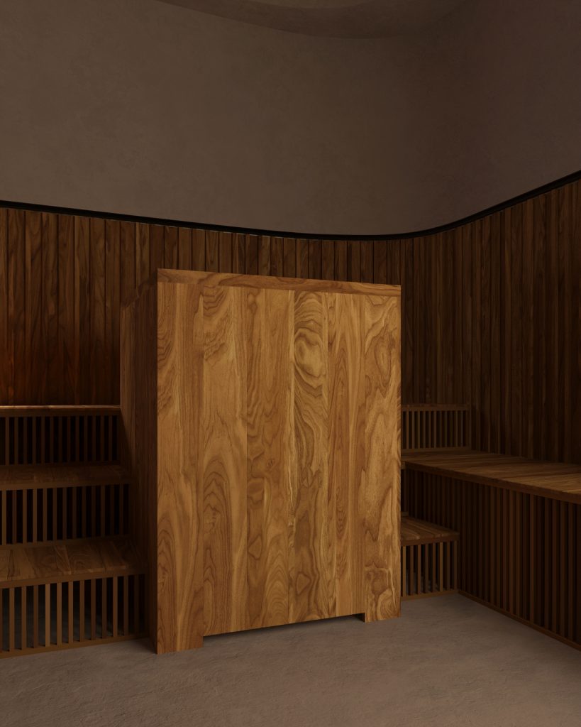 A handcrafted teak ice bath, elegantly designed for cold therapy, enhancing wellness in a serene setting.