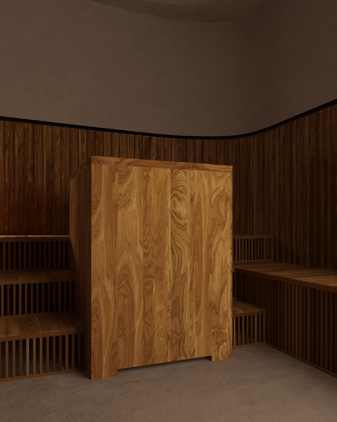A handcrafted teak ice bath, elegantly designed for cold therapy, enhancing wellness in a serene setting.