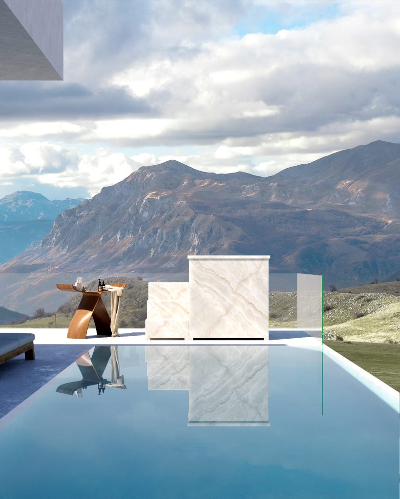 A serene outdoor setting featuring a handcrafted teak ice bath, perfect for cold therapy amidst stunning mountain scenery.