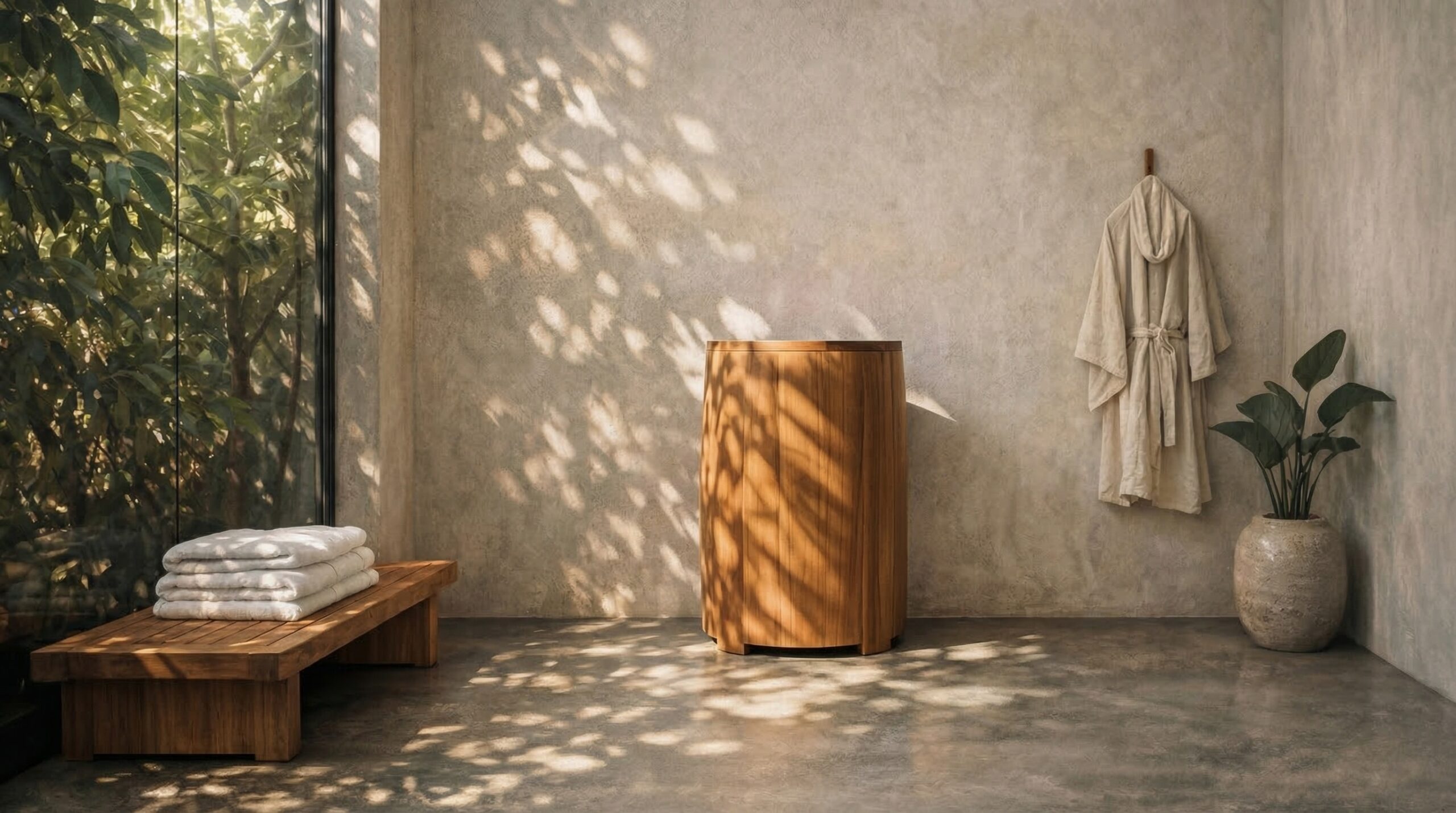 A serene space featuring a handcrafted teak ice bath, embodying the essence of cold therapy and luxury.