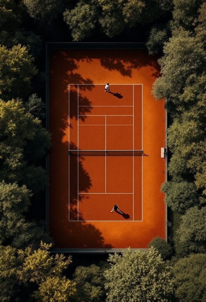 A birdseye view of a clay tennis court on a sunny day