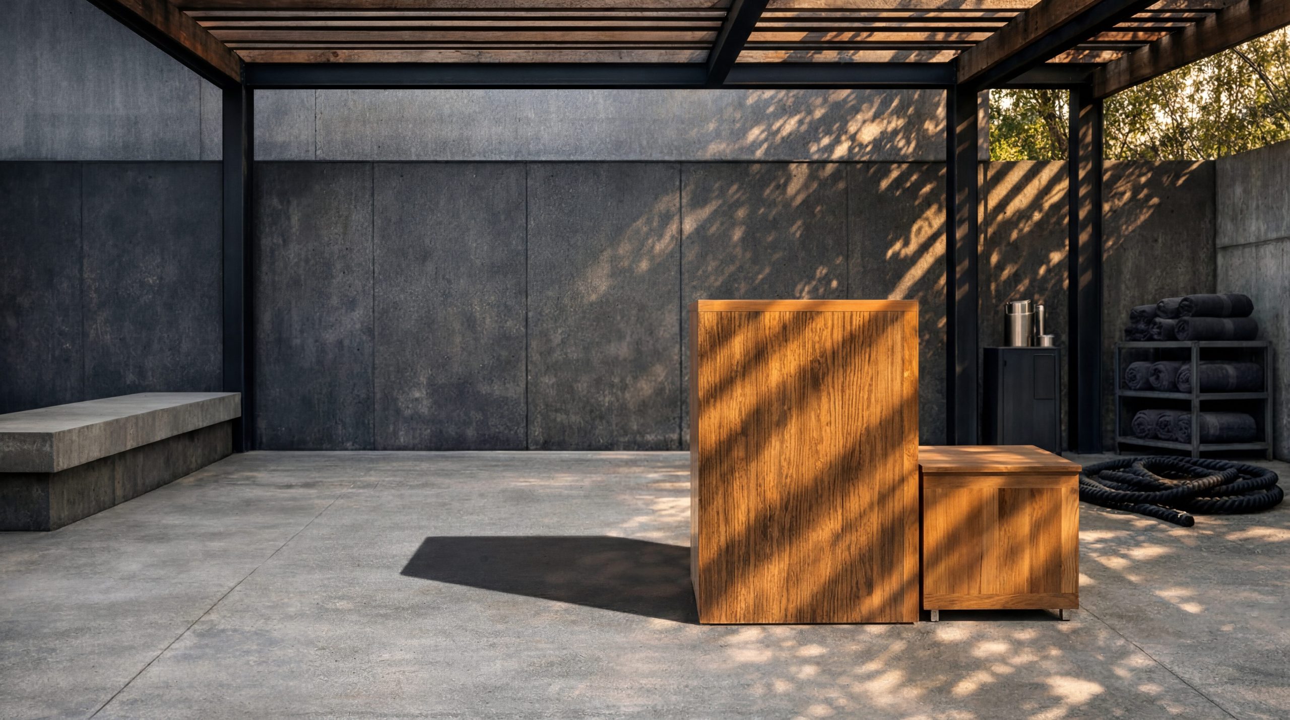 Picture of a icebaths cube, set in an ourdoor personal training area.