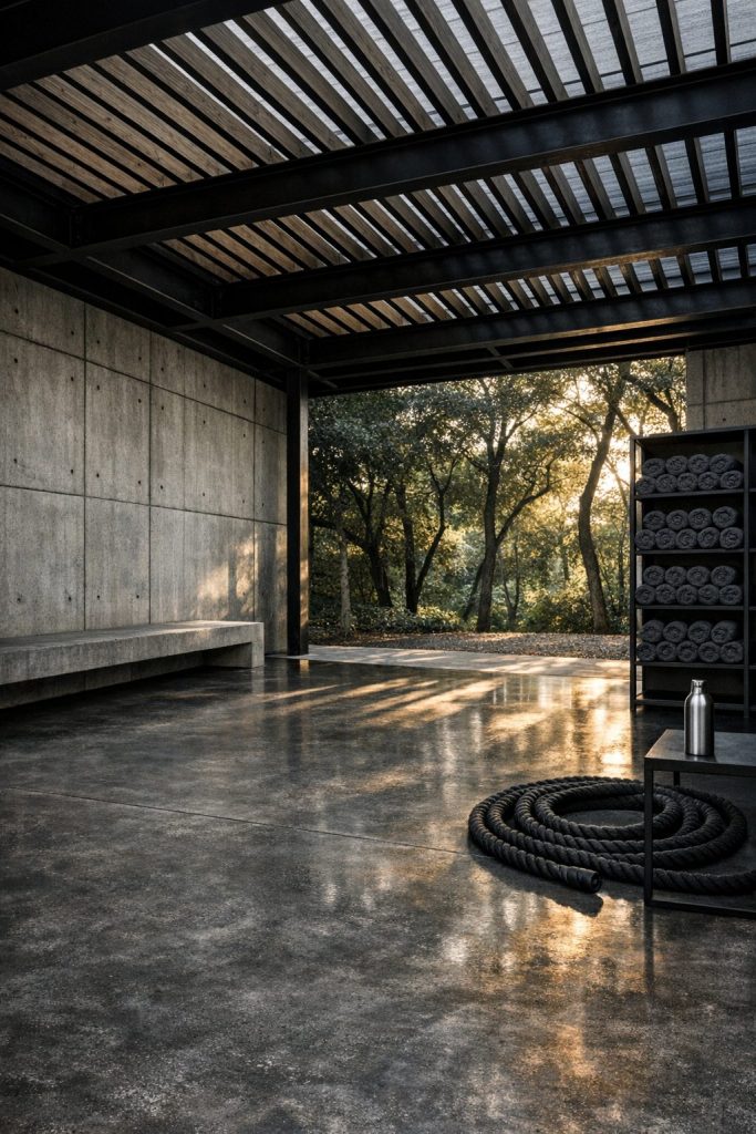 A render of a private gym with polished concrete floor.