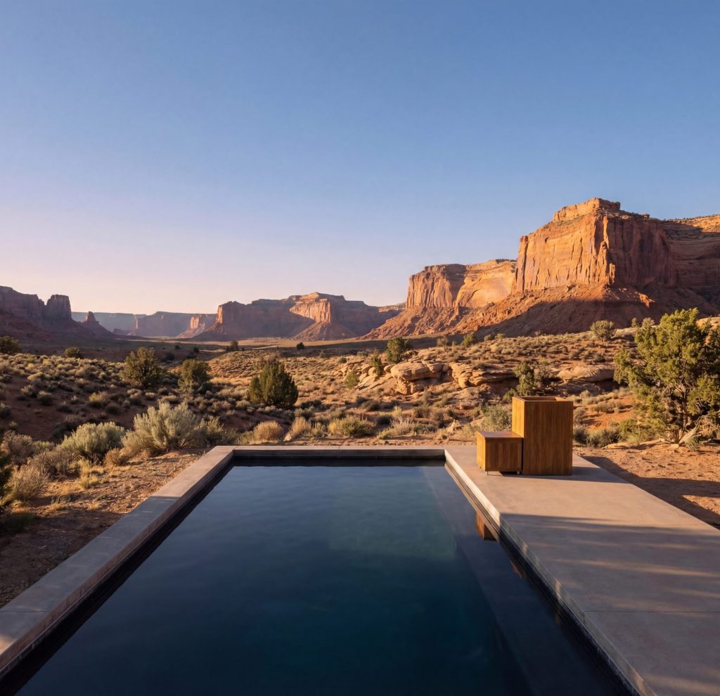 An icebaths.comm teak icebath beside the pool in an Arizona Style Background