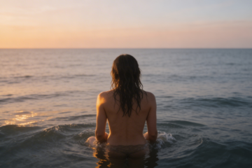 a woman seen from behind, standing knee-deep in a calm ocean at golden hour.