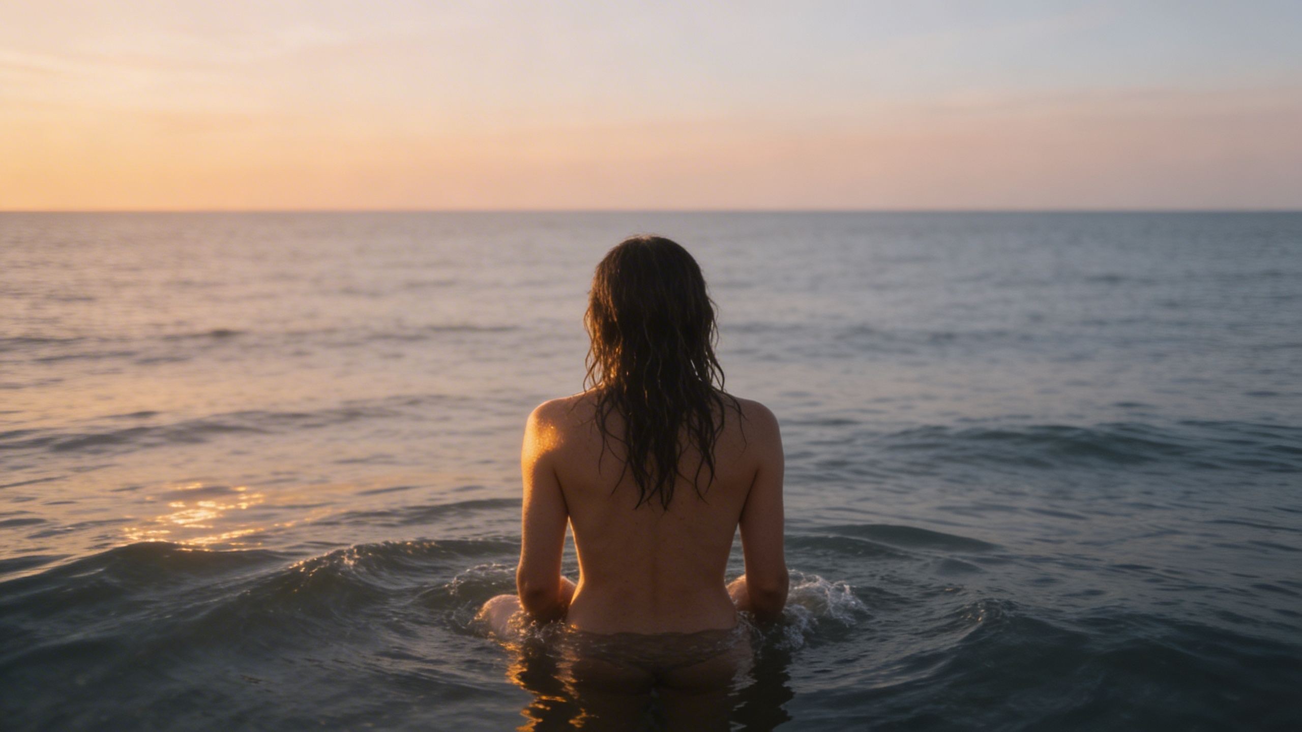 a woman seen from behind, standing knee-deep in a calm ocean at golden hour.