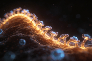 Glowing stress-response proteins in a dark-field microscopy aesthetic, rising to a peak then fading—an abstract visual of the hormesis dose-response curve.