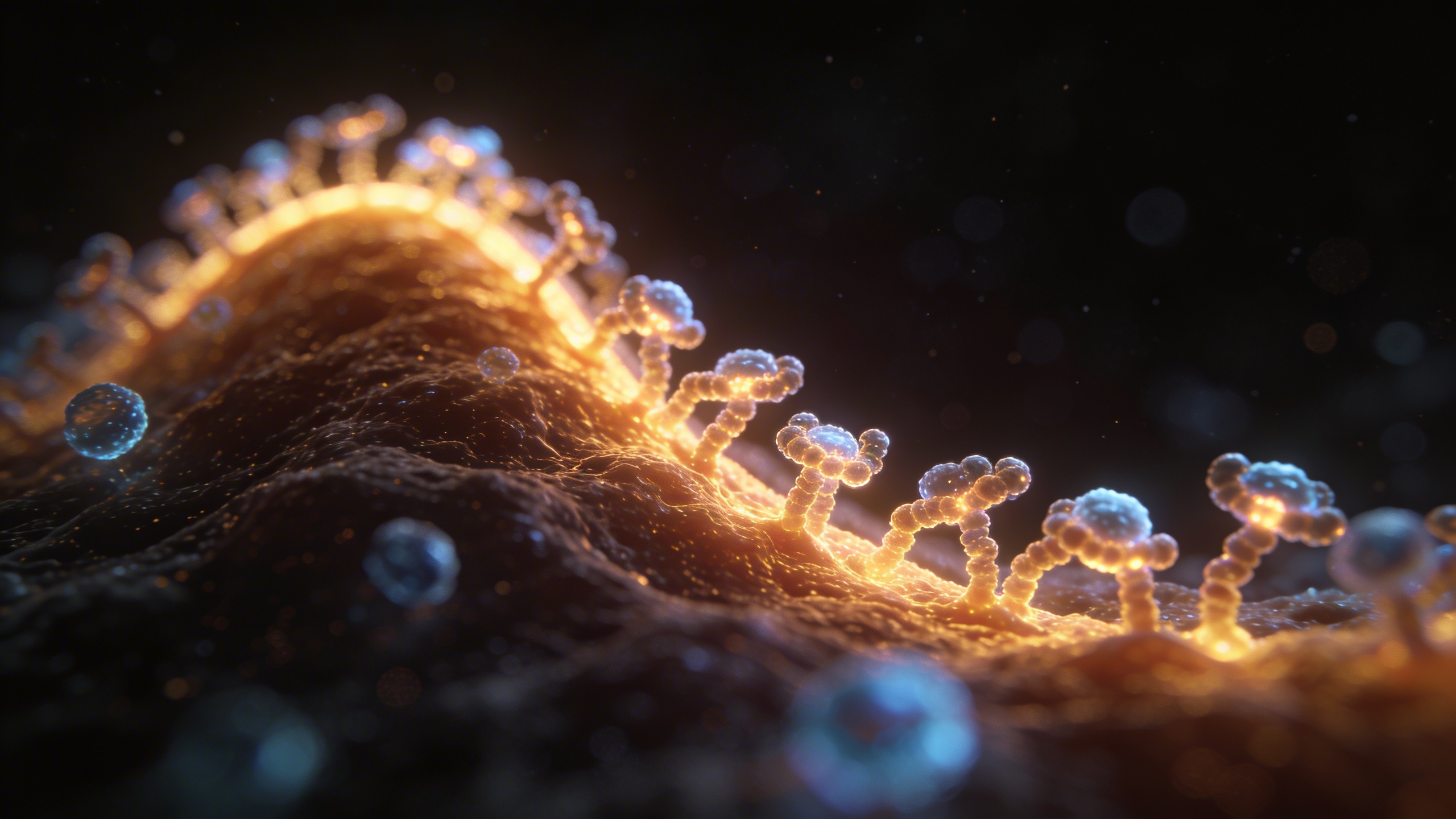 Glowing stress-response proteins in a dark-field microscopy aesthetic, rising to a peak then fading—an abstract visual of the hormesis dose-response curve.