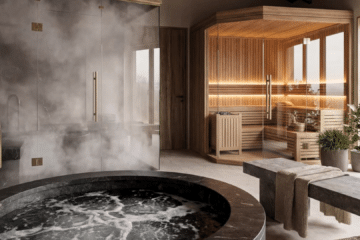 Cold plunge pool in the foreground with a warmly lit sauna in the background, illustrating the heat-to-cold sequence of contrast therapy.