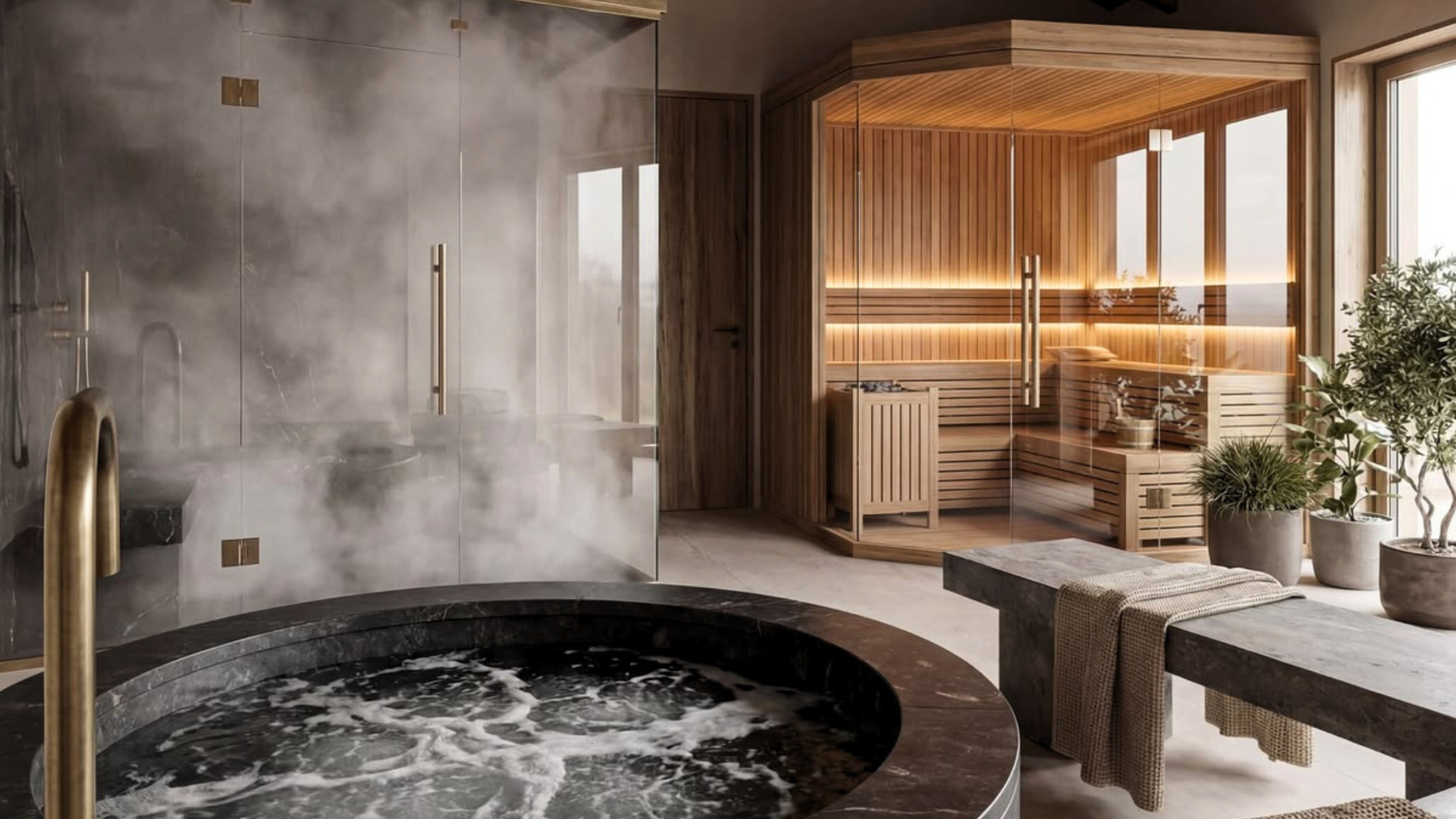 Cold plunge pool in the foreground with a warmly lit sauna in the background, illustrating the heat-to-cold sequence of contrast therapy.
