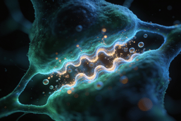 Glowing blue-green and amber neurochemical activity spreading across a synaptic cleft in a dark-field microscopy aesthetic, illustrating the cold-shock norepinephrine cascade.