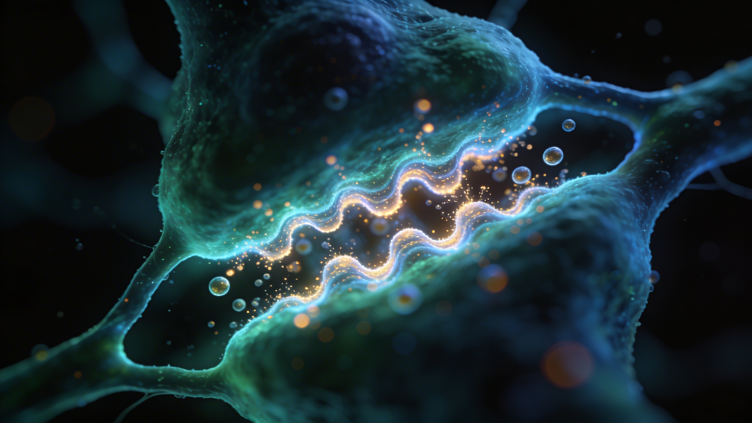 Glowing blue-green and amber neurochemical activity spreading across a synaptic cleft in a dark-field microscopy aesthetic, illustrating the cold-shock norepinephrine cascade.