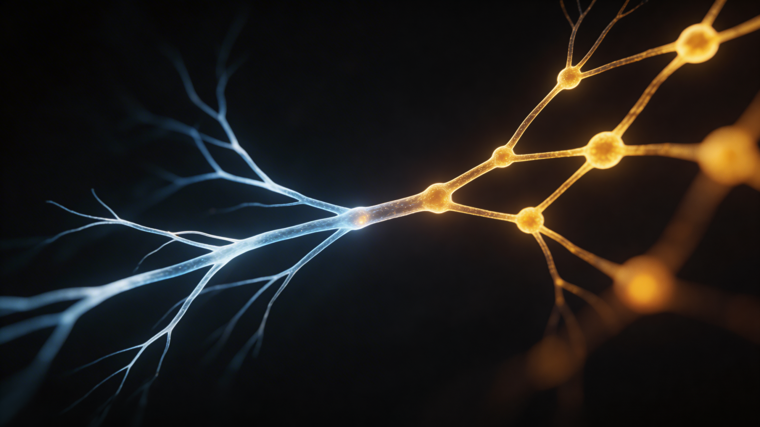 Microscopy-style image showing a transition from blue stress signals to amber recovery signals on a near-black background, illustrating how heart rate variability drops and then rises after cold immersion.