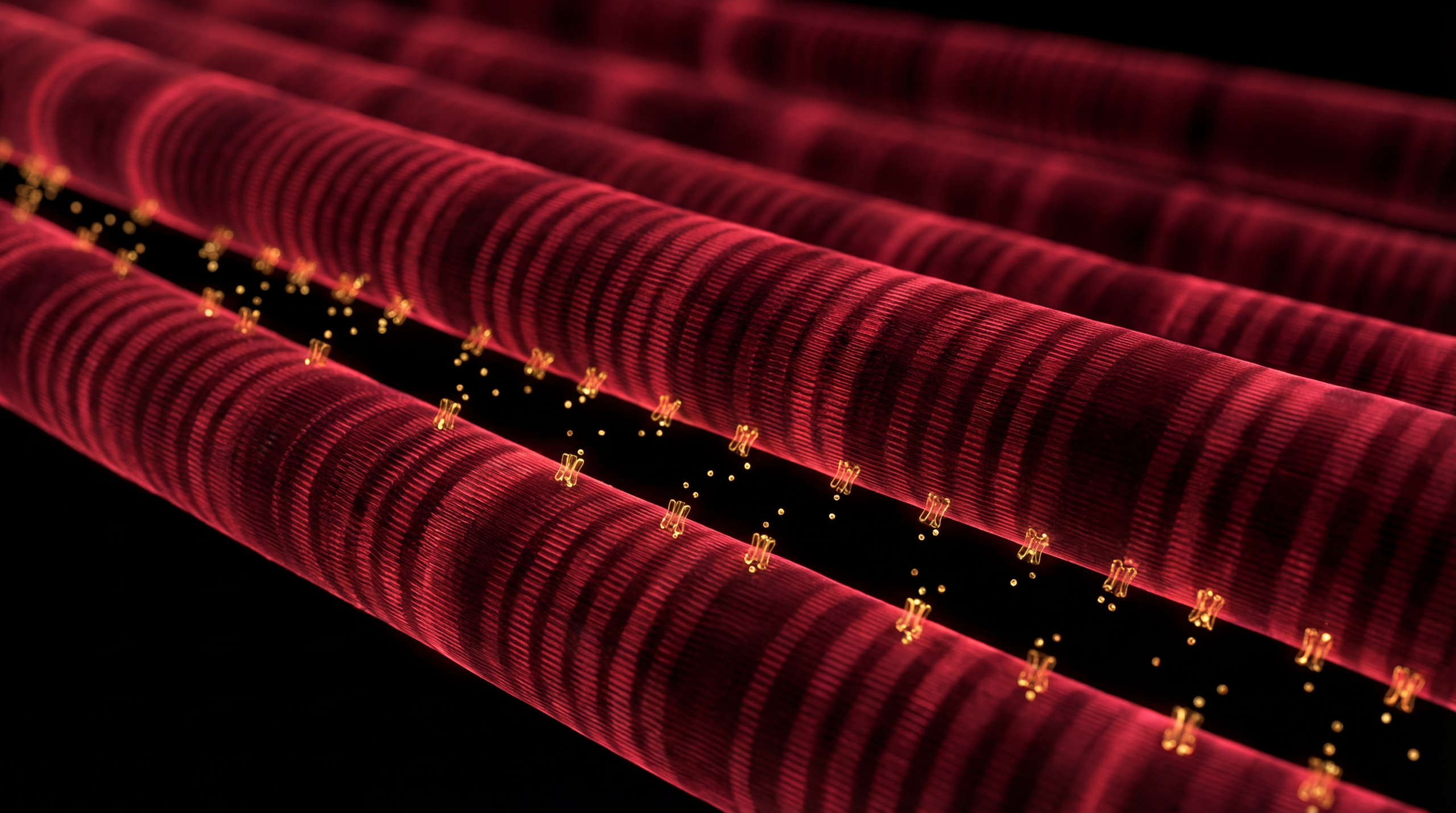 Skeletal muscle fibres under dark field microscopy with GLUT4 glucose transporters migrating to the cell surface, amber-gold glucose molecules entering deep red muscle tissue — the mechanism driving cold-induced insulin sensitivity improvement"