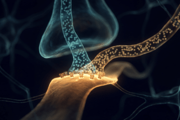 Neural synapse under dark field microscopy with two streams of neurotransmitter molecules converging on the same receptor sites — visualising how cold water immersion and antidepressant medication act on the same dopamine and norepinephrine pathways"