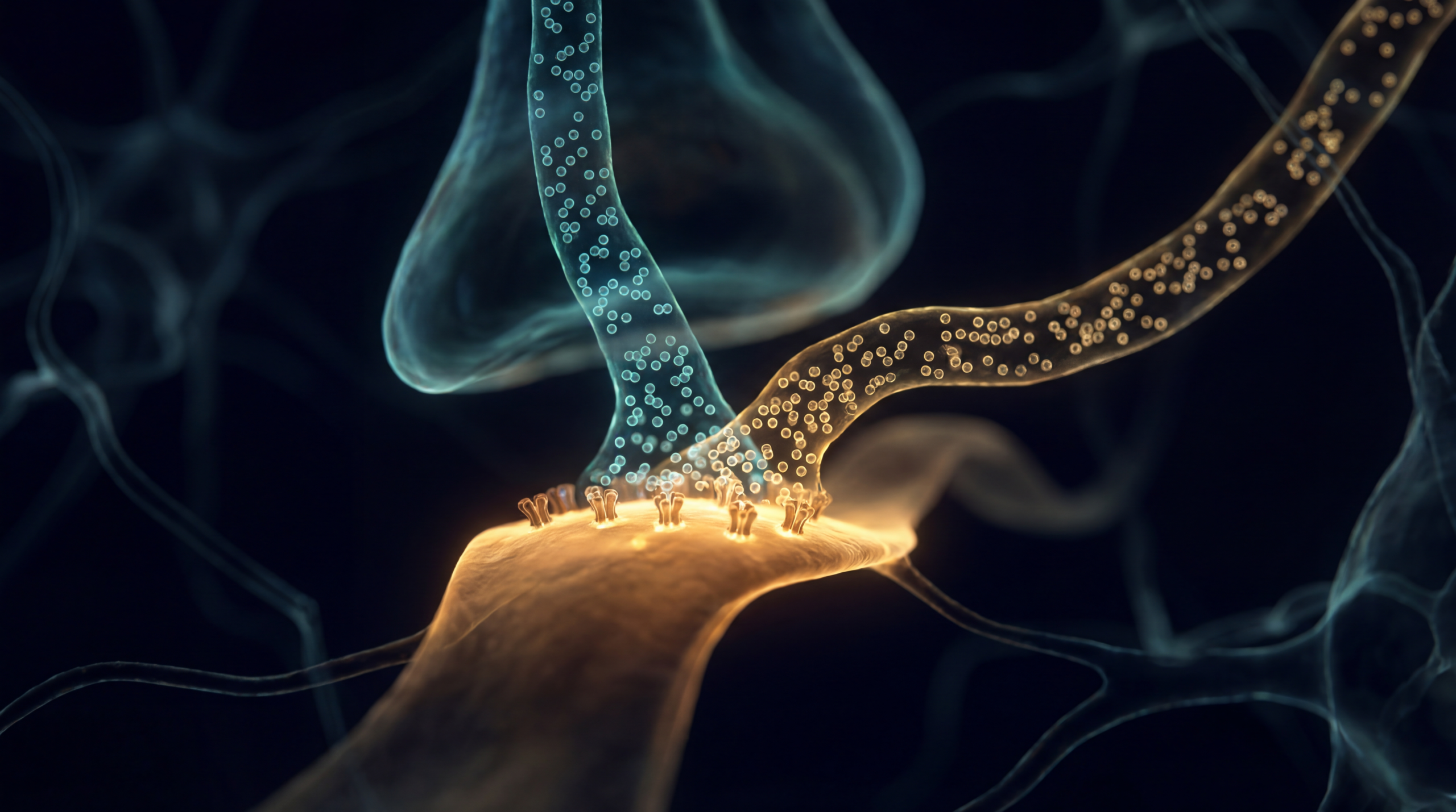 Neural synapse under dark field microscopy with two streams of neurotransmitter molecules converging on the same receptor sites — visualising how cold water immersion and antidepressant medication act on the same dopamine and norepinephrine pathways"