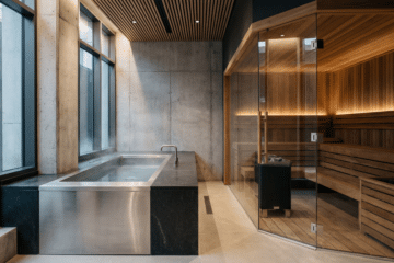 Calm contrast therapy setting featuring a cold immersion tub and adjacent sauna, representing the structured heat and cold pattern of the Søberg Protocol.