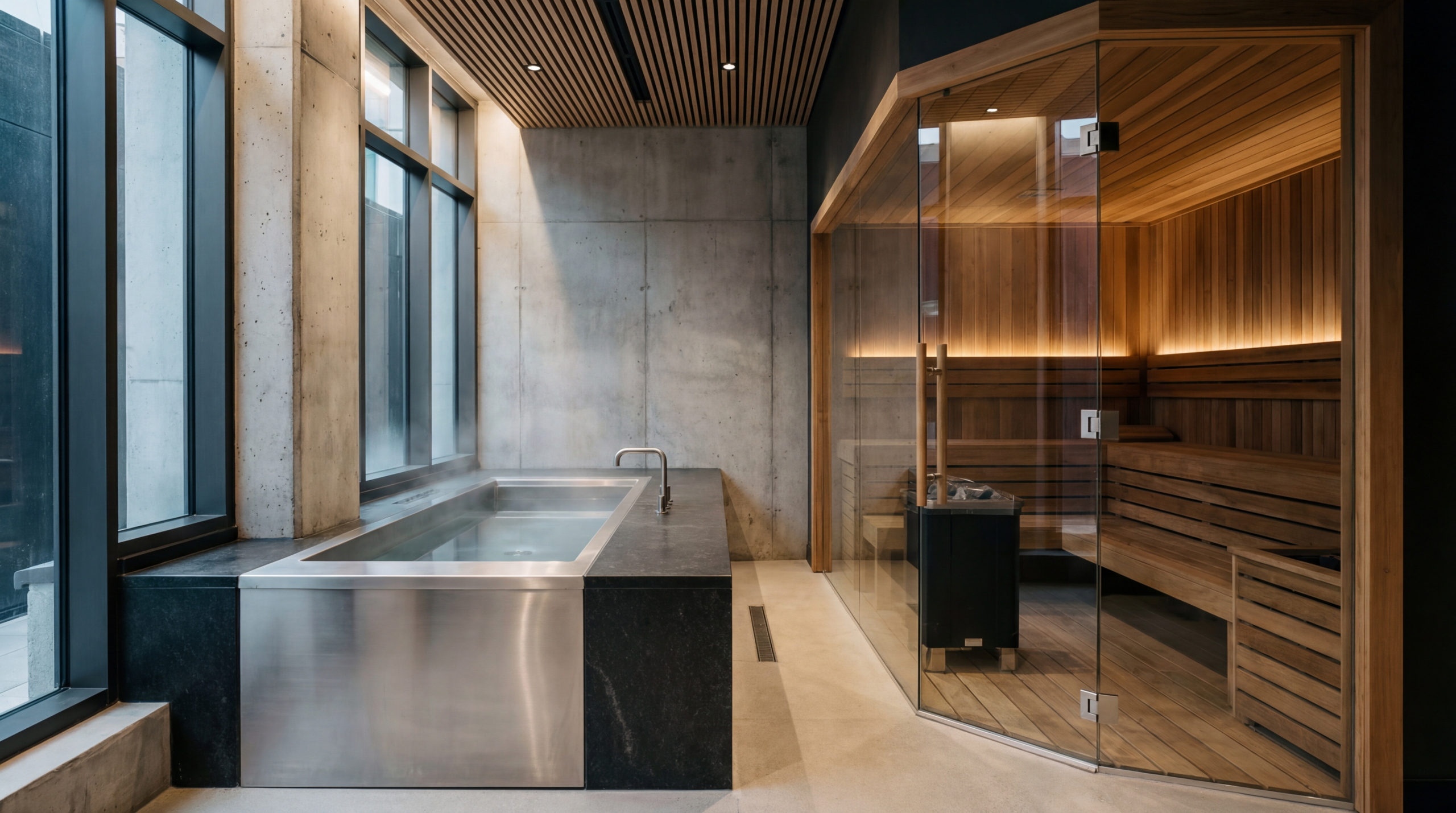 Calm contrast therapy setting featuring a cold immersion tub and adjacent sauna, representing the structured heat and cold pattern of the Søberg Protocol.