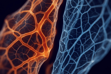 Microscopy-style image showing warm-toned expanded vessels beside cool-toned constricted vessels on a dark background, illustrating the vascular responses behind the contrast therapy “vascular pump” concept.