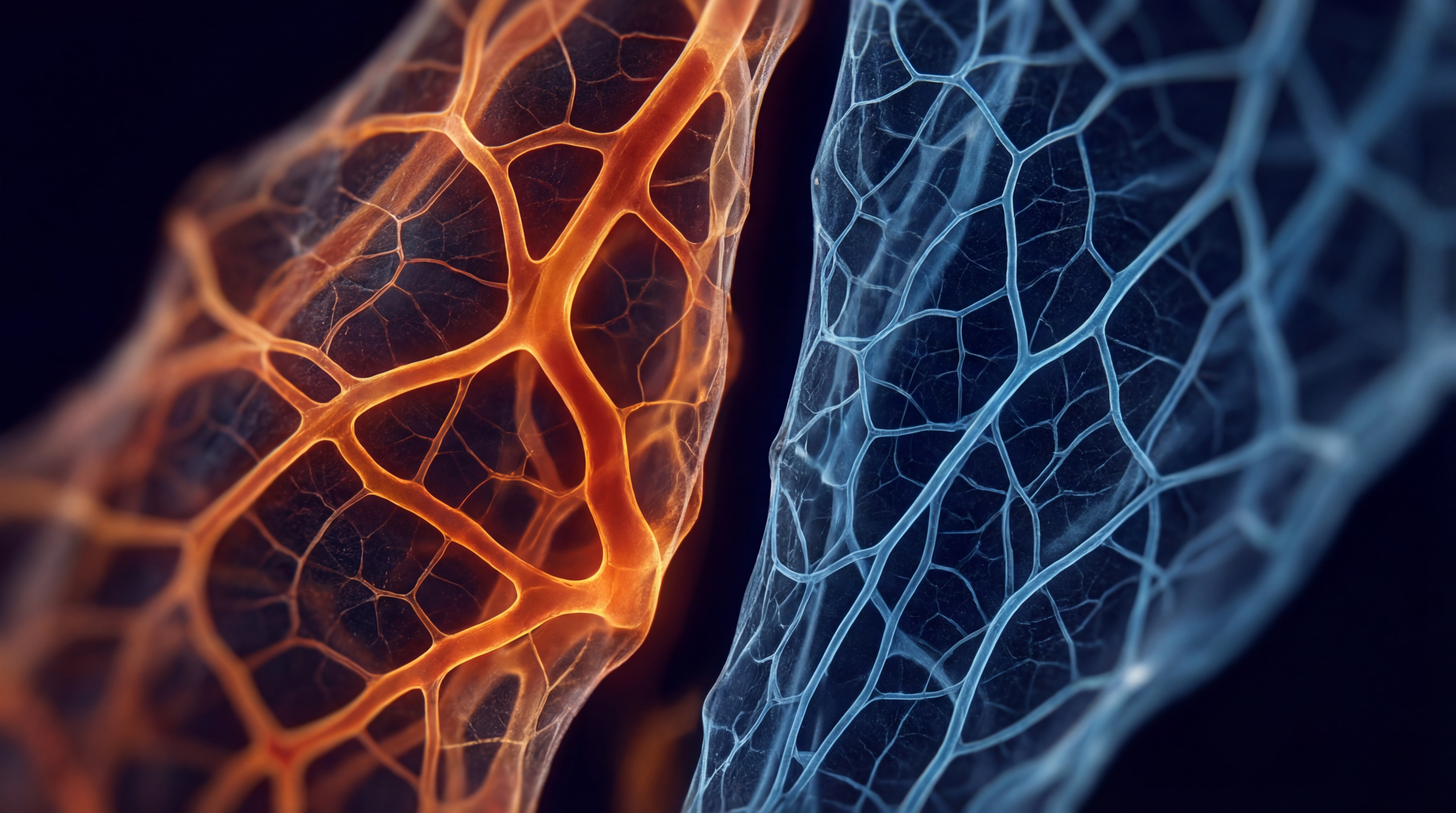Microscopy-style image showing warm-toned expanded vessels beside cool-toned constricted vessels on a dark background, illustrating the vascular responses behind the contrast therapy “vascular pump” concept.