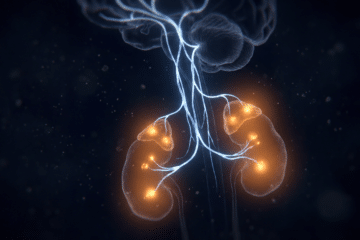Microscopy-style image showing stress-hormone signalling pathways in blue and amber tones against a near-black background, illustrating how ice baths affect cortisol and the HPA axis.