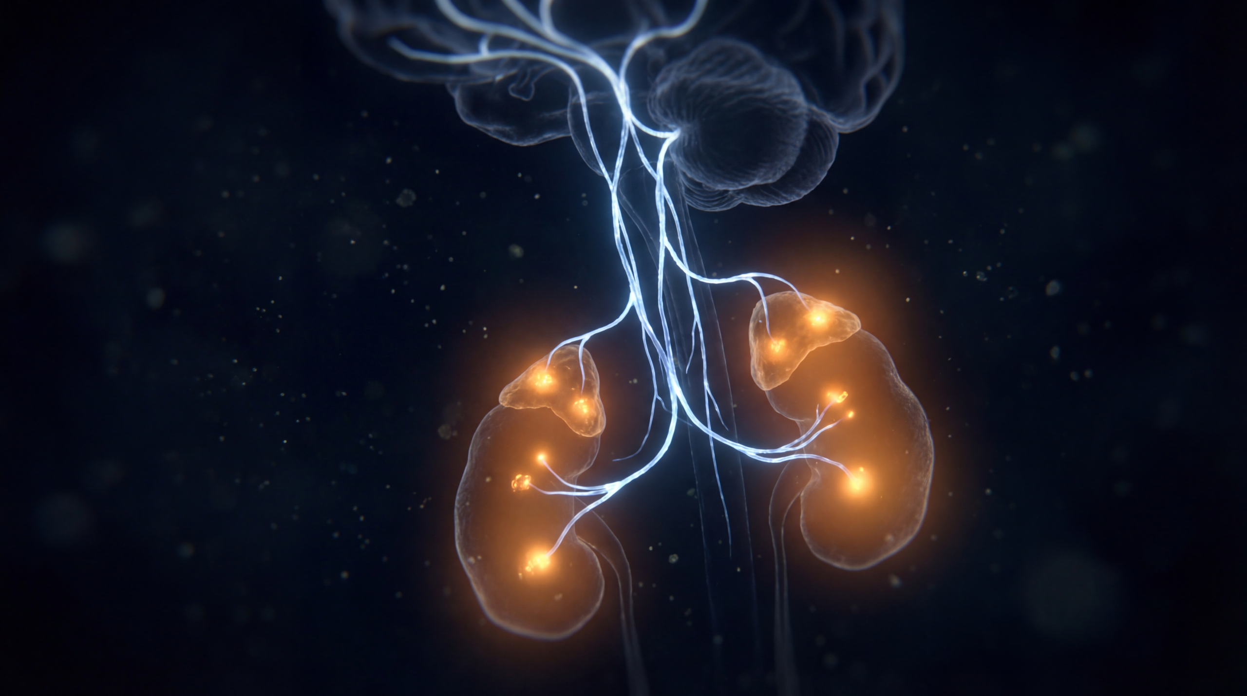 Microscopy-style image showing stress-hormone signalling pathways in blue and amber tones against a near-black background, illustrating how ice baths affect cortisol and the HPA axis.