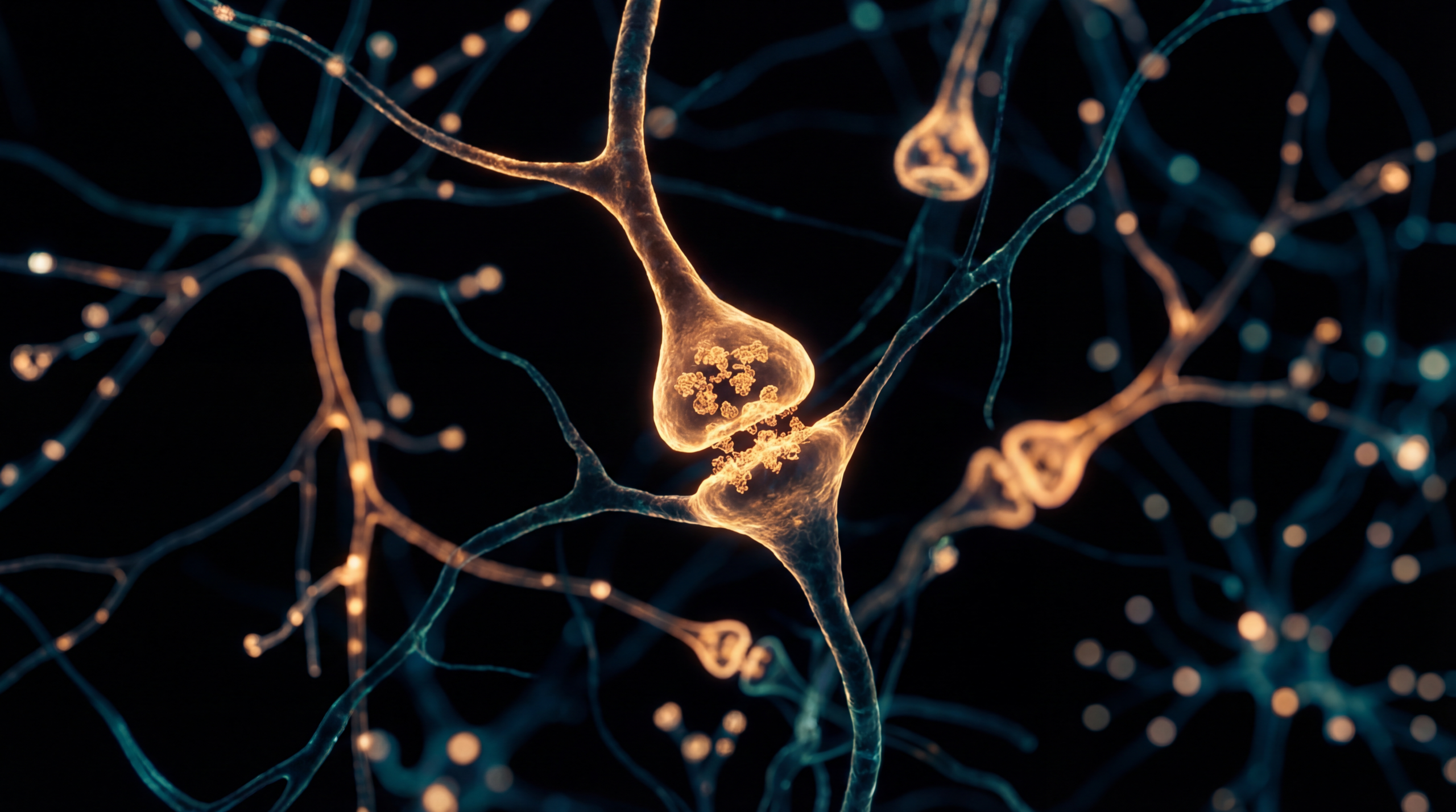 Abstract scientific micrograph of brain-like neural networks with warm amber highlights on deep black-blue, illustrating sauna-linked brain health mechanisms