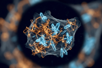 Abstract scientific micrograph representing heat-shock and cold-shock pathways in one frame, amber and ice-blue highlights against deep black