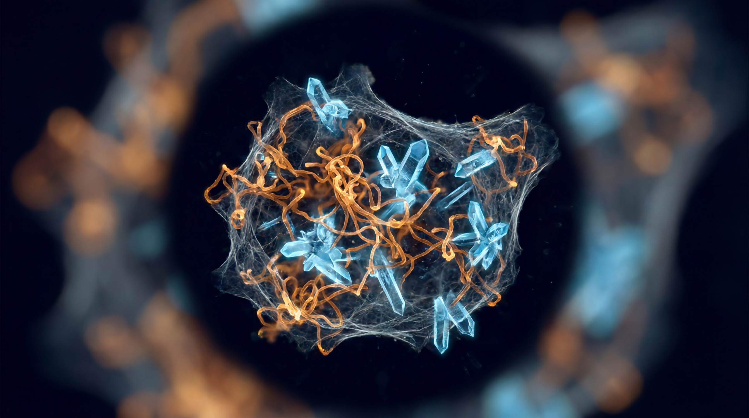 Abstract scientific micrograph representing heat-shock and cold-shock pathways in one frame, amber and ice-blue highlights against deep black