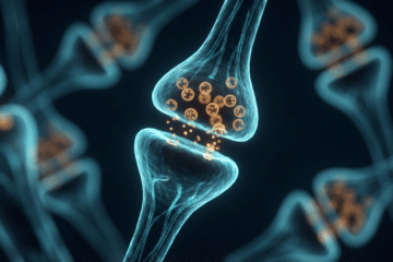 Dark-field microscopy-style image of norepinephrine signalling at neural synapses, blue-green structures with amber highlights glowing on a near-black background