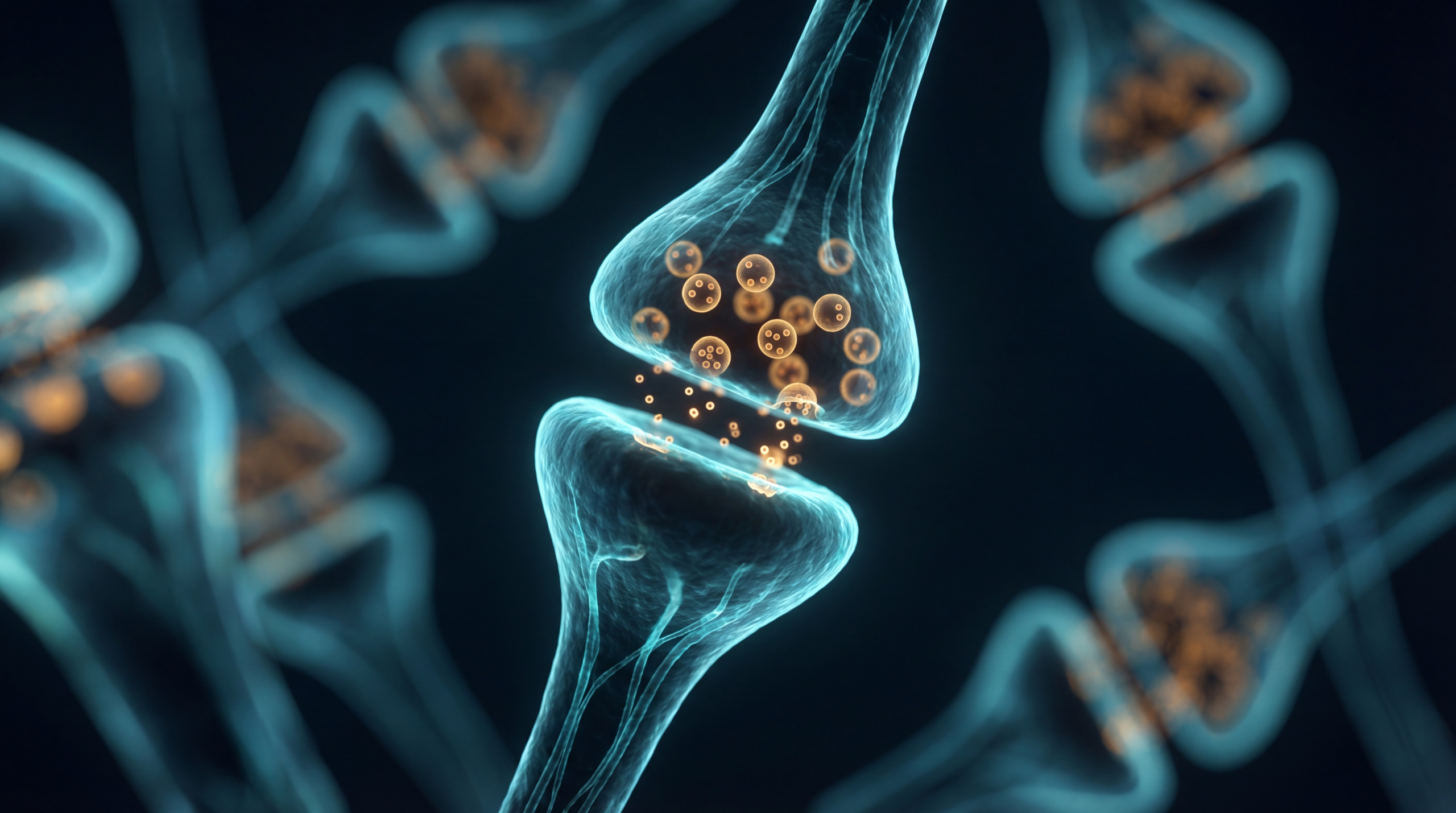 Dark-field microscopy-style image of norepinephrine signalling at neural synapses, blue-green structures with amber highlights glowing on a near-black background