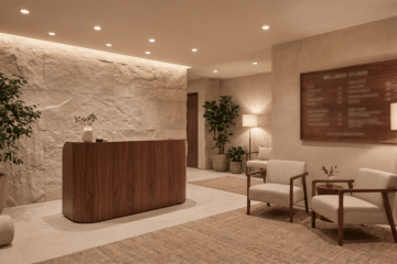 Modern contrast therapy space at the front desk, showing the entry experience where membership tiers are displayed.