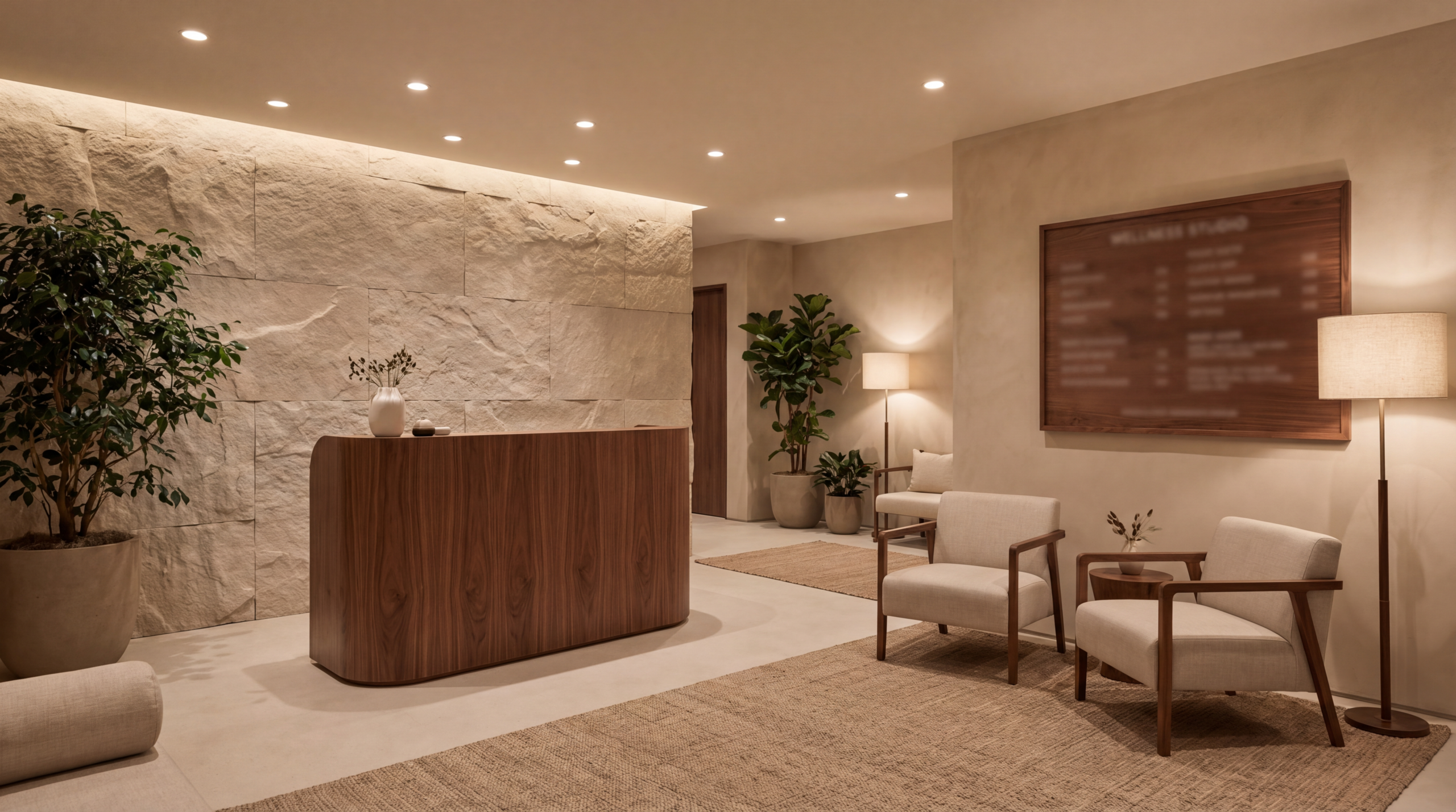 Modern contrast therapy space at the front desk, showing the entry experience where membership tiers are displayed.
