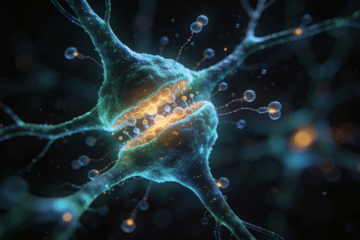 Luminous synaptic junctions in a near-black microscopy scene, with blue-green neural fibres and amber points of activity (dopamine theme)