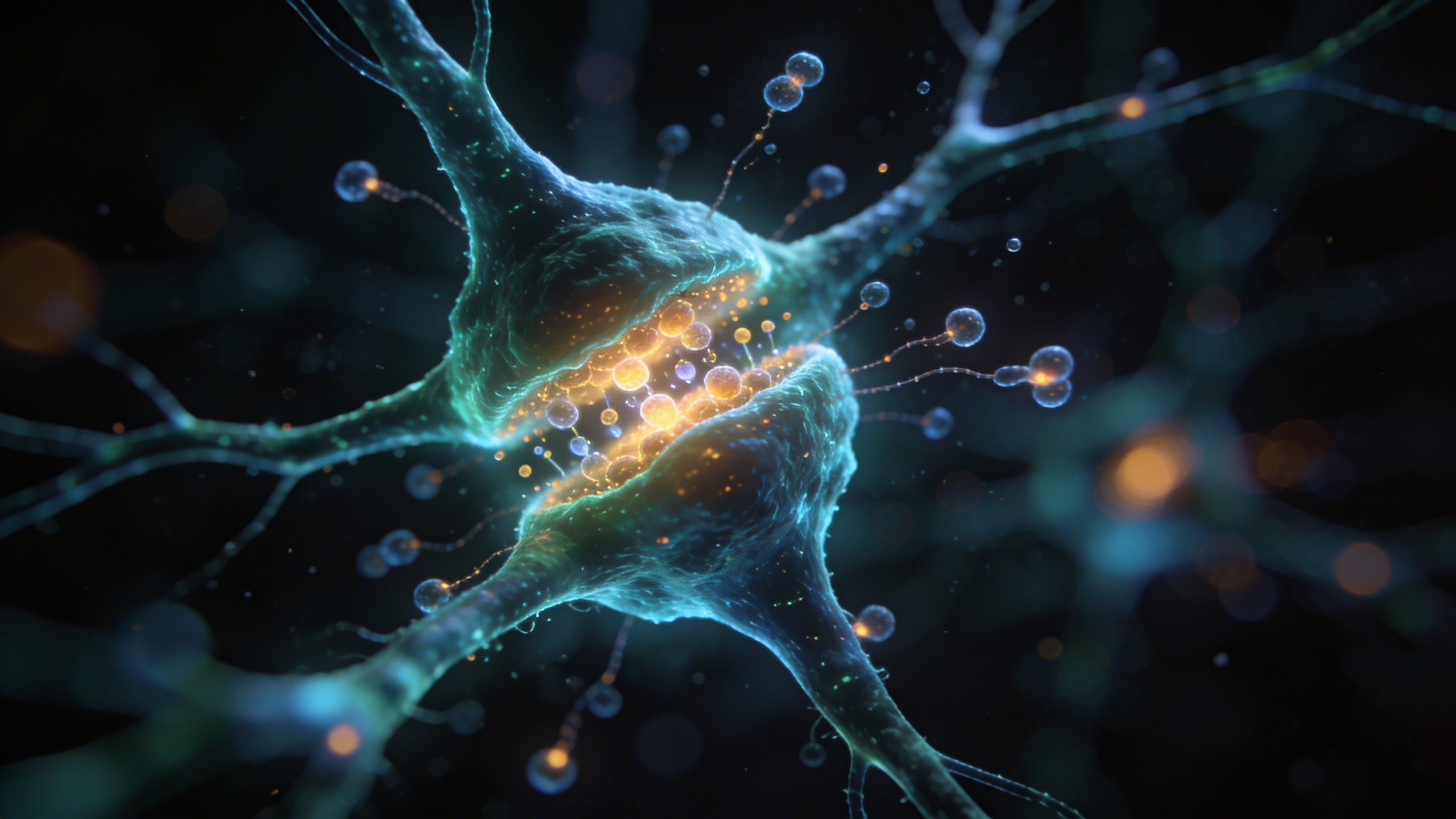Luminous synaptic junctions in a near-black microscopy scene, with blue-green neural fibres and amber points of activity (dopamine theme)