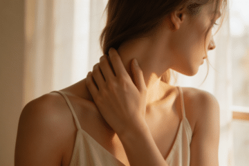 Close-up of a woman’s hand at her collarbone in warm light, suggesting temperature regulation during hot flushes.