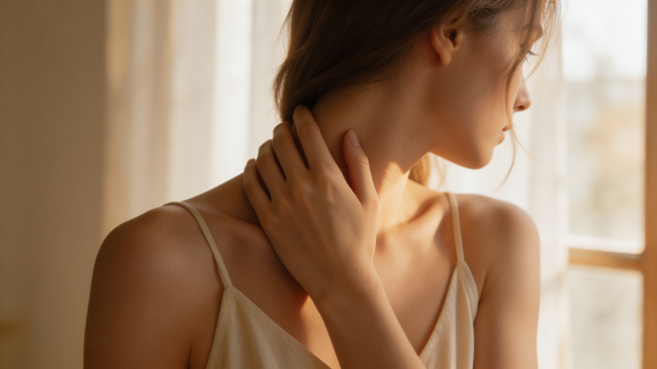 Close-up of a woman’s hand at her collarbone in warm light, suggesting temperature regulation during hot flushes.