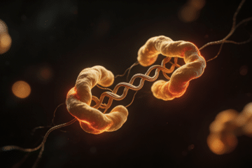 Luminous cellular ‘chaperone’ proteins stabilising folded strands in a dark microscopy scene, with warm amber and red heat-stress highlights