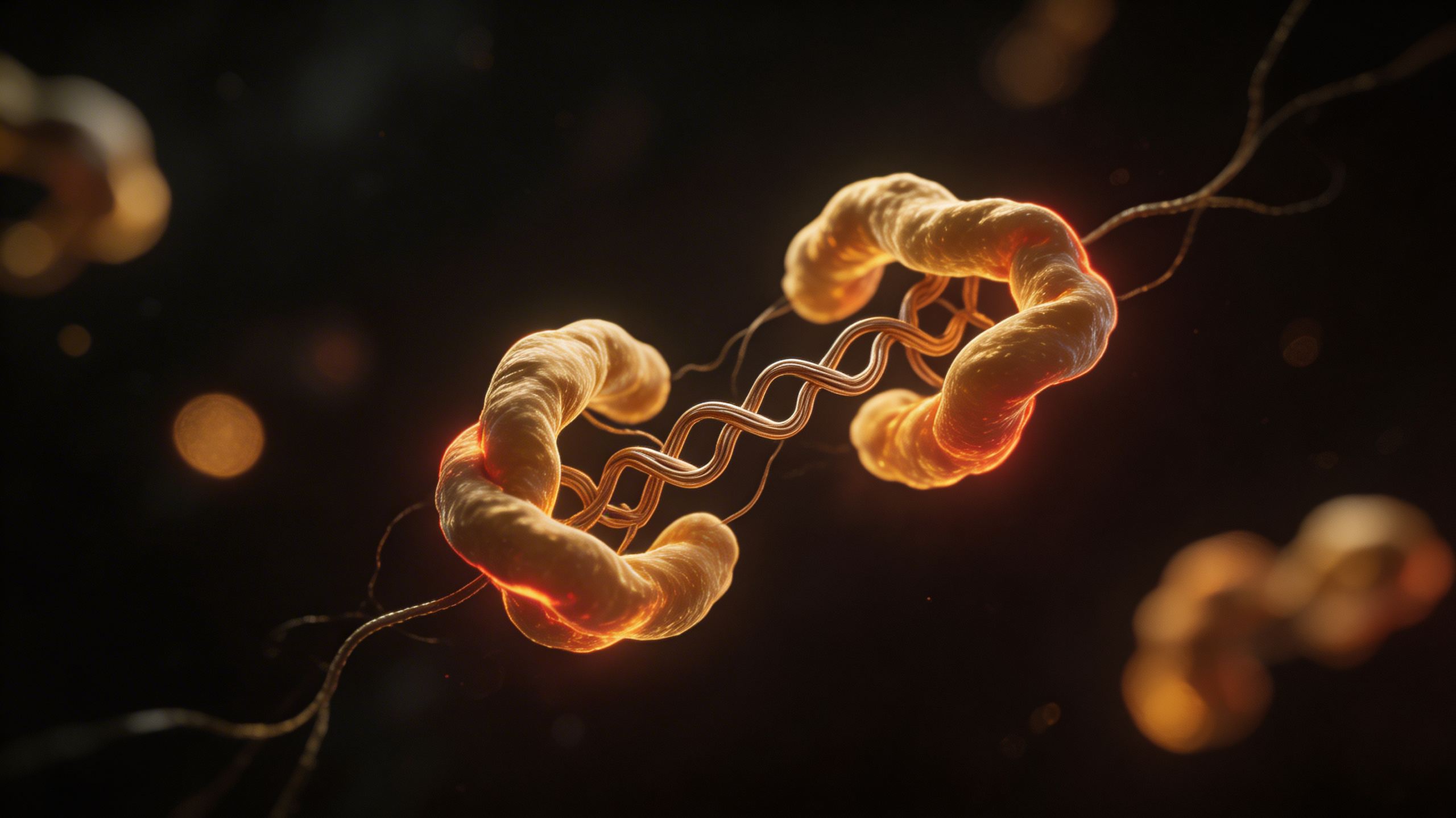 Luminous cellular ‘chaperone’ proteins stabilising folded strands in a dark microscopy scene, with warm amber and red heat-stress highlights