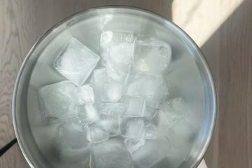 a bowl of water with some ice.